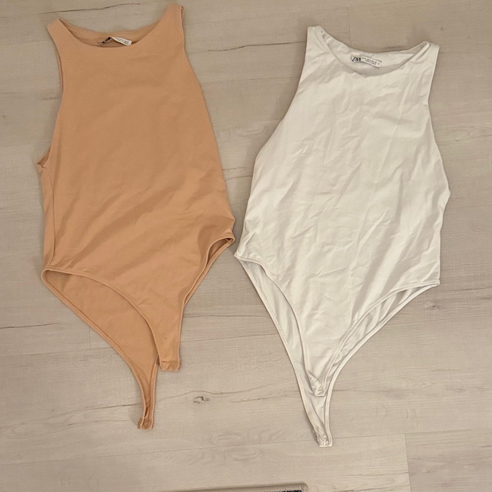 2 High Neck Bodysuits - White and Tan